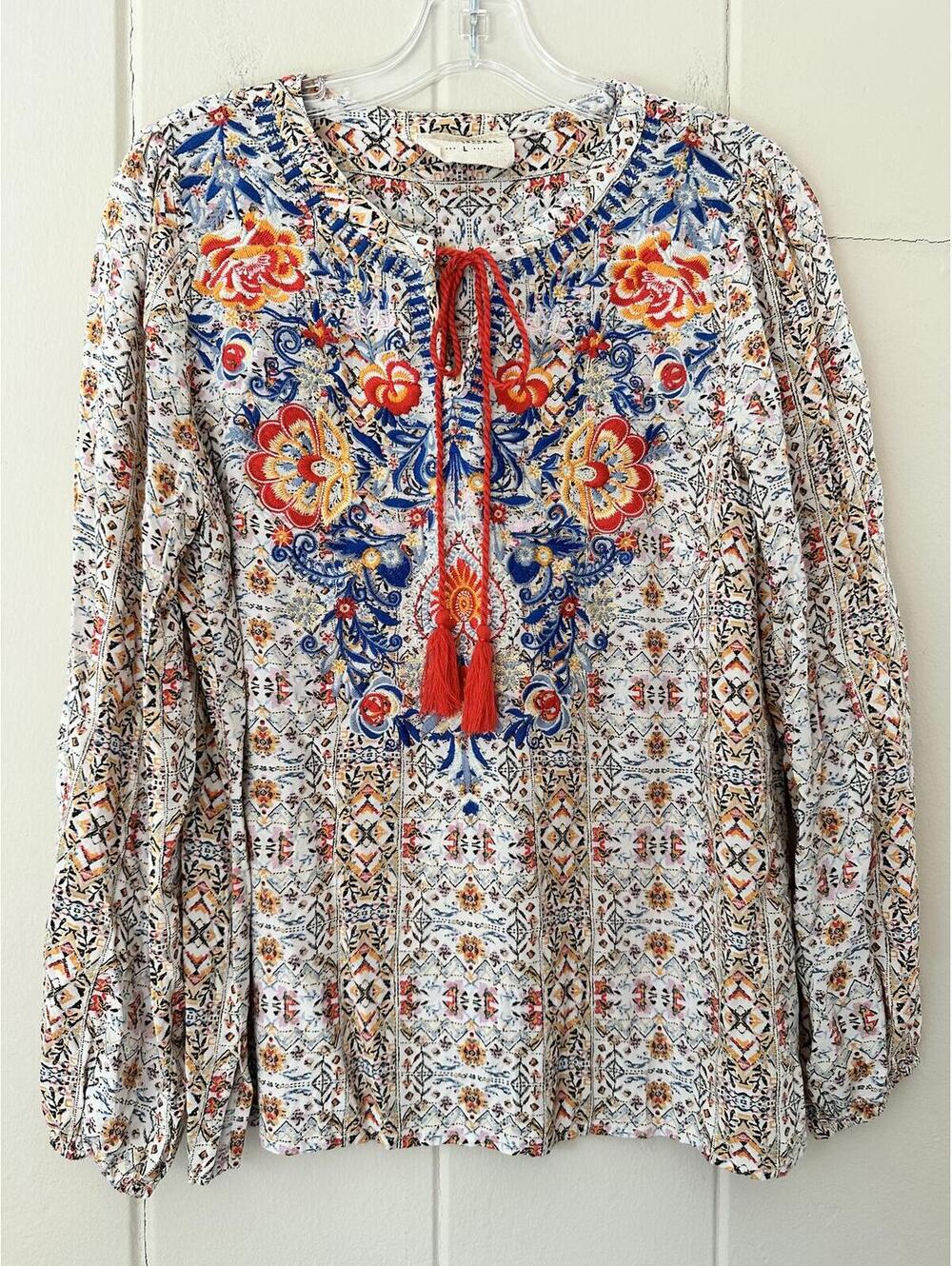 Savanna Jane Boho Blouse Long Sleeve Embroidered Blue and Orange Size Large